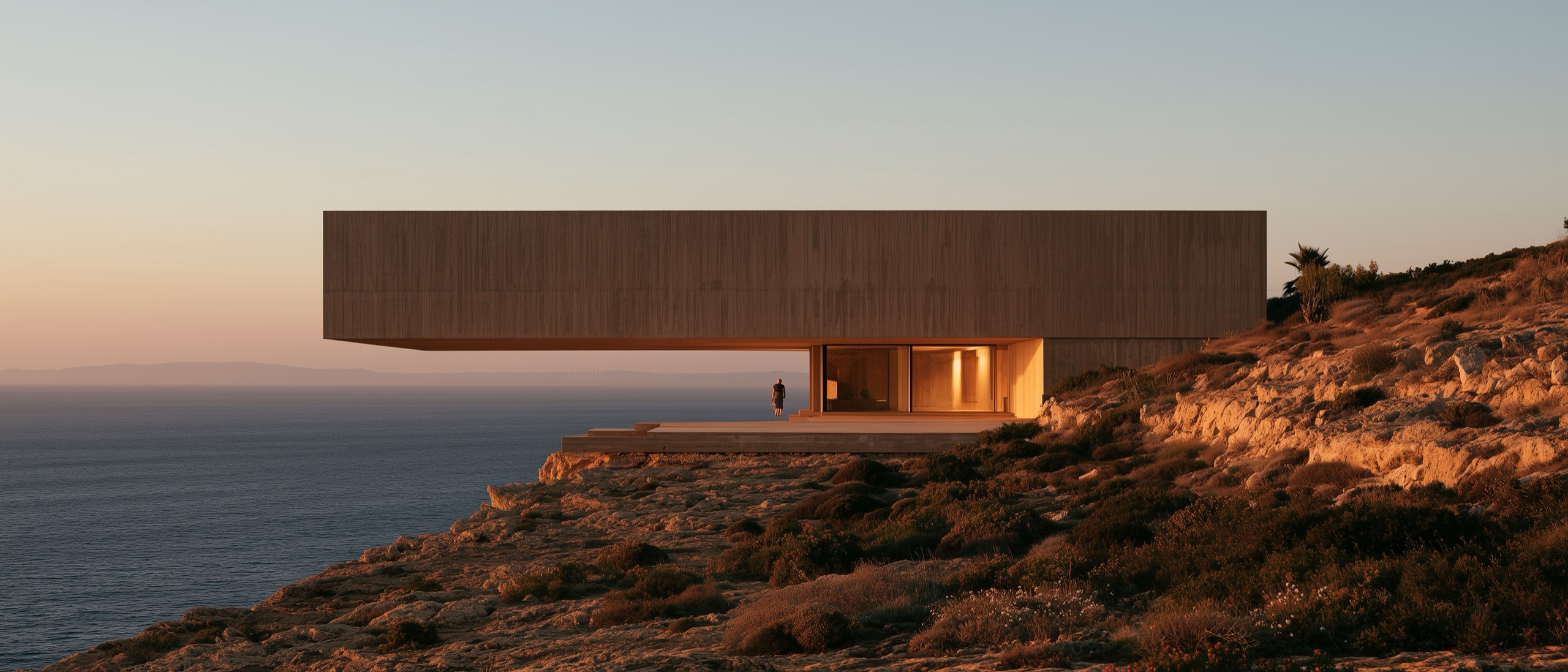 A cantilevered house on a cliff above the sea at dusk