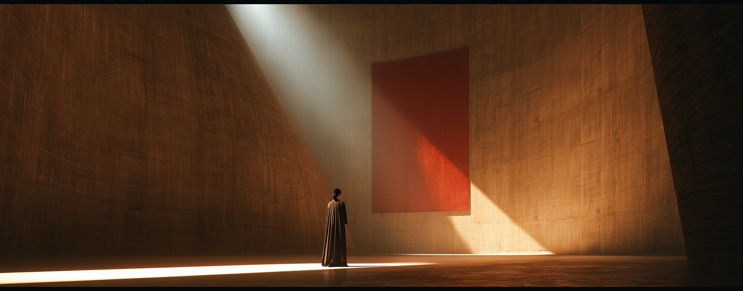 A lone robed figure before a vast canvas in a dark monumental hall