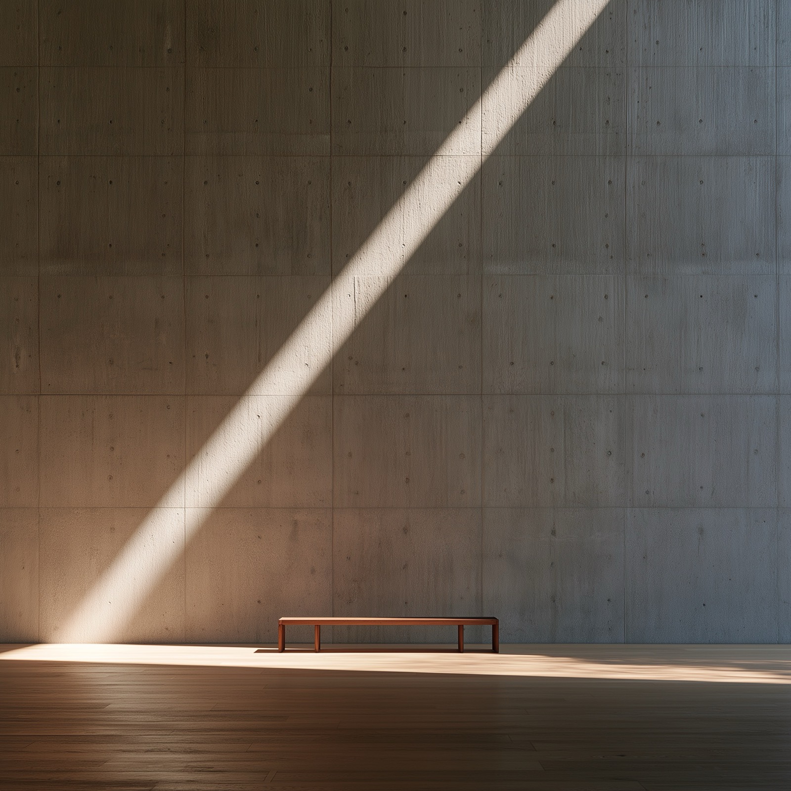 A quiet monumental hall, a single bench, one shaft of light