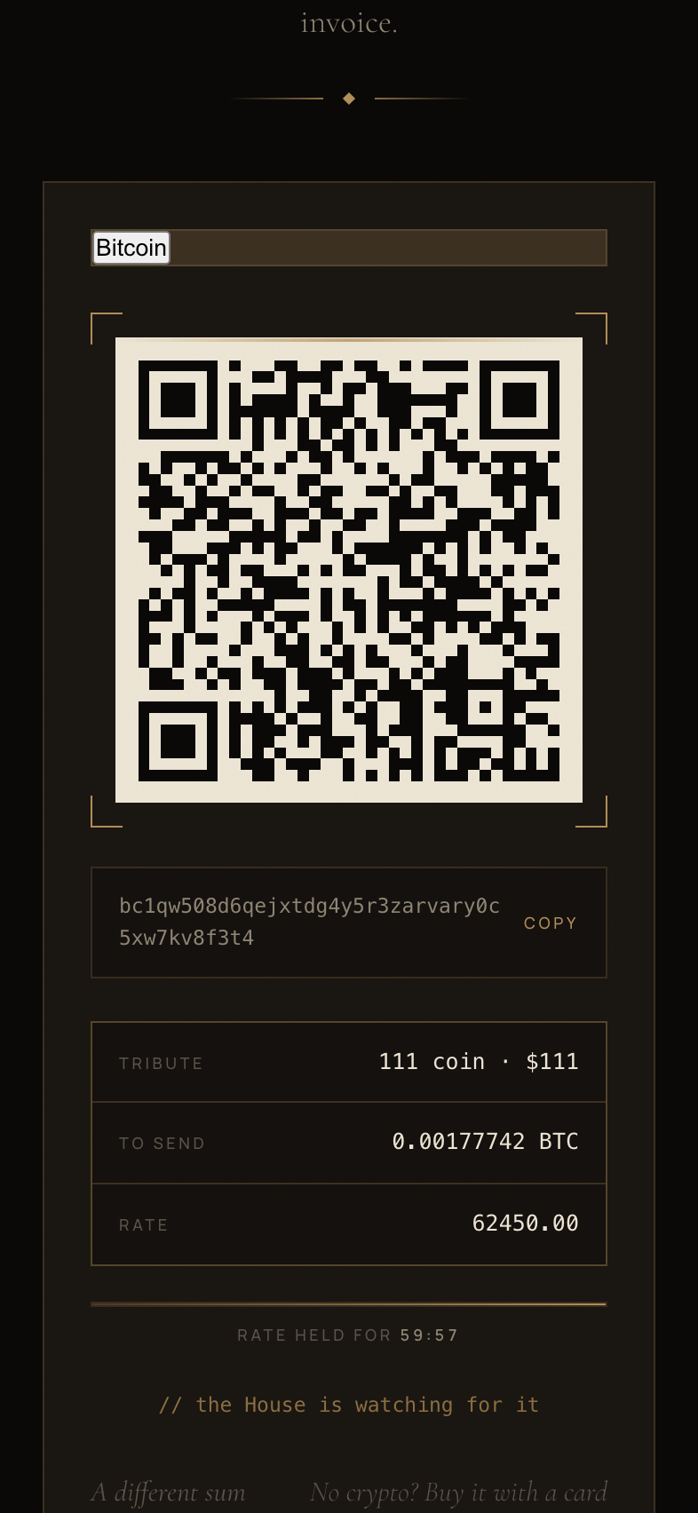 A Bitcoin invoice from the house: QR code, address, 111 coin for 0.0018 BTC, rate held