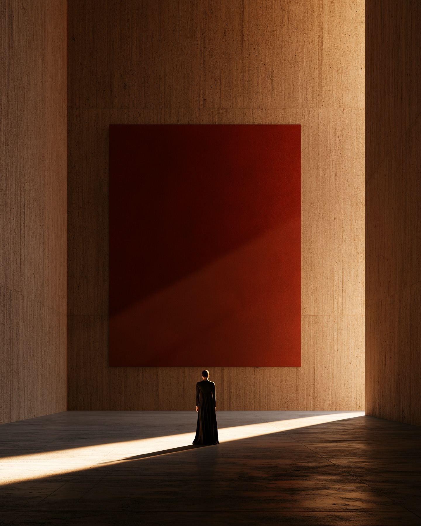 A woman in black before a great canvas in a monumental hall