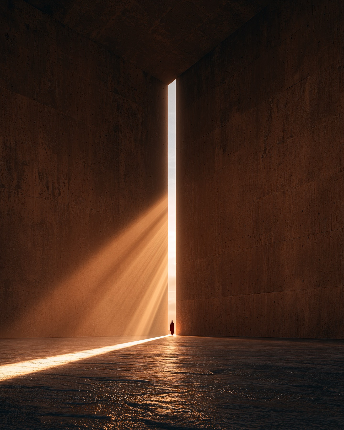 A tall seam of light in a monumental wall, a lone figure at its foot